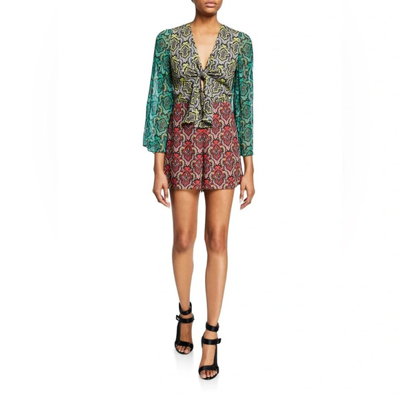 Alice and Olivia Brylee Tie Front Romper Summer Boho Festival Concert Resortwear - Picture 10 of 11